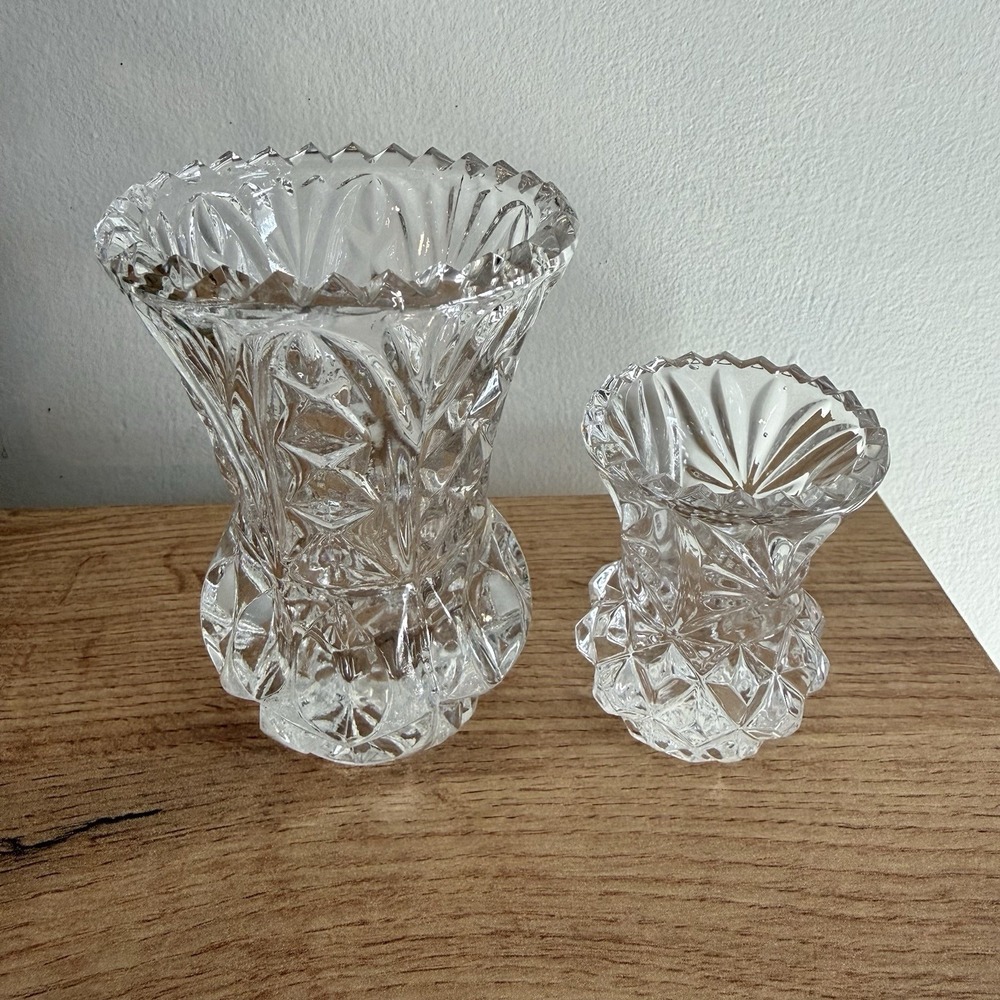 VTG Mini Cut Glass Bud Vase Starburst Diamond Crystal Tiny Flower Vases Set Of 2
